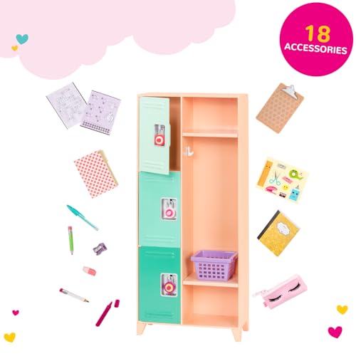 Our Generation Classroom Cool Locker Set featuring a realistic school locker and accessories for 18-inch dolls.
