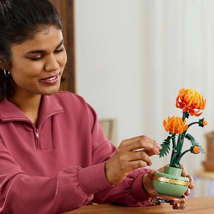 LEGO Botanicals Chrysanthemum building set with vibrant faux flowers for home office decor, featuring creative model kit design.