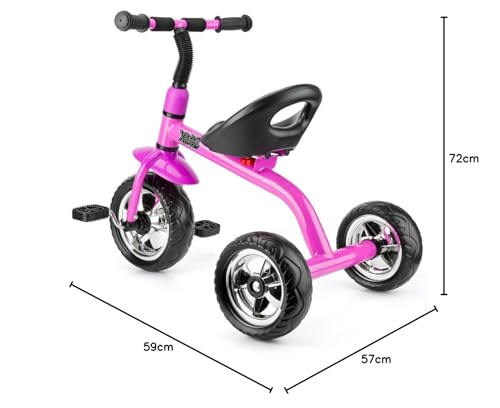 Pink Xootz tricycle for kids with easy clip design, showcasing its portable features and sturdy construction.