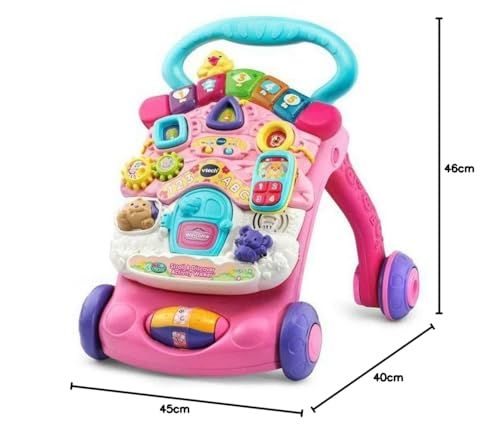 VTech First Steps Baby Walker in pink with shape sorting, sounds, music, and pretend play features for infants and toddlers.
