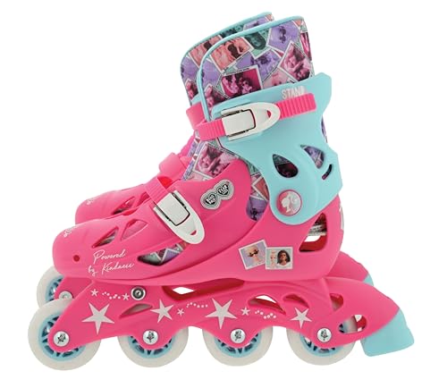 Barbie-themed M.V. Sports inline skates with adjustable fit, durable construction, and pivoting heel cuff for comfortable skating.