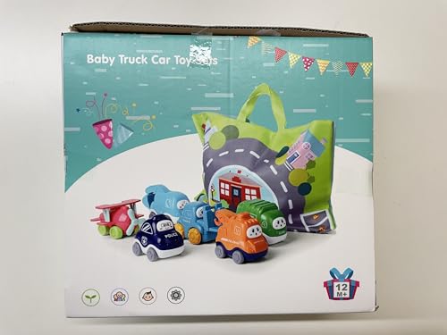 Set of 6 Lerrbo cartoon truck and tractor car toys with cranes, stored in a playmat/storage bag for toddlers and 1-year-old boys.