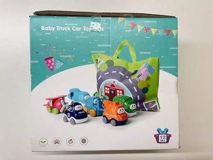 Set of 6 Lerrbo cartoon truck and tractor car toys with cranes, stored in a playmat/storage bag for toddlers and 1-year-old boys.