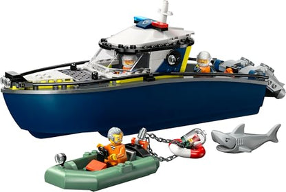 LEGO City Police Boat Chase Set - incl. 2 Boat Toys, 3 Minifigures & a Shark Animal Figure - Gift for 6+ Year Old Boys & Girls - 60456
