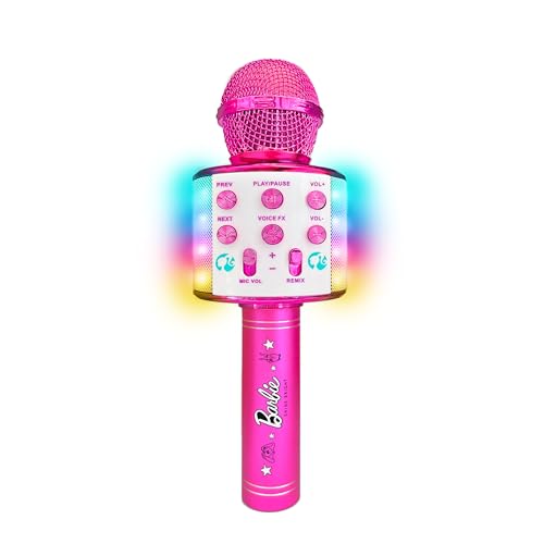 Barbie Bright Voicemaster Microphone by Sinco Creations with colorful lights, wireless speaker, 5 voice effects, and record feature.