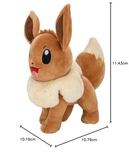 Eevee plush toy by Pokémon, 8 inches tall, featuring authentic details and soft, cuddly fabric for kids.
