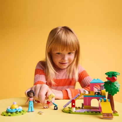LEGO Friends Guinea Pig Playground with mini dolls, animal figures, and pet care accessories for creative play.