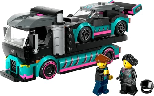 LEGO City race car and car carrier truck set with adjustable ramp, racer and driver minifigures for kids aged 6 and up.