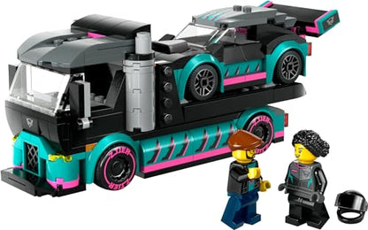 LEGO City race car and car carrier truck set with adjustable ramp, racer and driver minifigures for kids aged 6 and up.