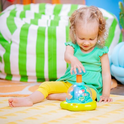 Bright Starts Press and Glow Spinner musical baby toy with multicoloured buttons, designed for infants 6 months and older.