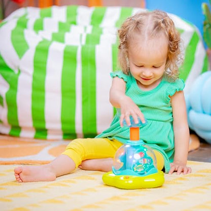 Bright Starts Press and Glow Spinner musical baby toy with multicoloured buttons, designed for infants 6 months and older.