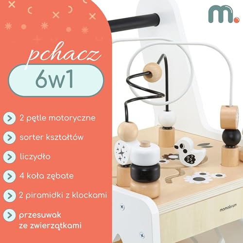 Mamabrum wooden baby walker with wheels, featuring shape sorter, bead mazes, abacus, gears, and stacking blocks for 12+ months.
