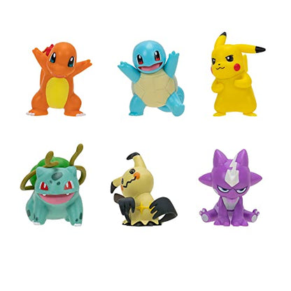 Pokémon Battle Figure 6 pack featuring 2-inch Pikachu, Squirtle, Charmander, Bulbasaur, Mimikyu, and Toxel figures.