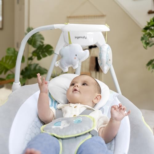 Ingenuity SimpleComfort baby swing with 6-speed multi-direction motion, vibrations, and nature sounds for infants 0-9 months.