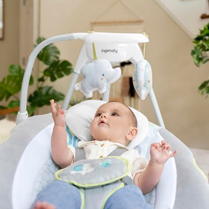 Ingenuity SimpleComfort baby swing with 6-speed multi-direction motion, vibrations, and nature sounds for infants 0-9 months.