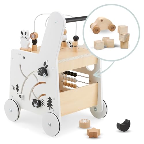 Mamabrum wooden baby walker with wheels featuring shape sorter, bead mazes, gears, abacus, stacking blocks, suitable for 12+ months.