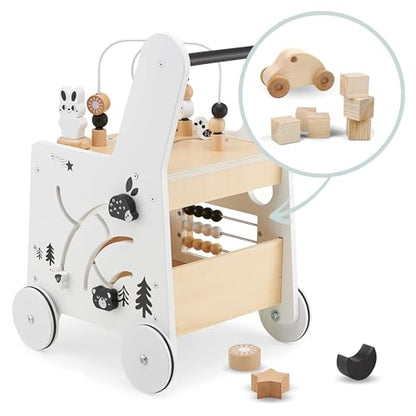 Mamabrum wooden baby walker with wheels featuring shape sorter, bead mazes, gears, abacus, stacking blocks, suitable for 12+ months.