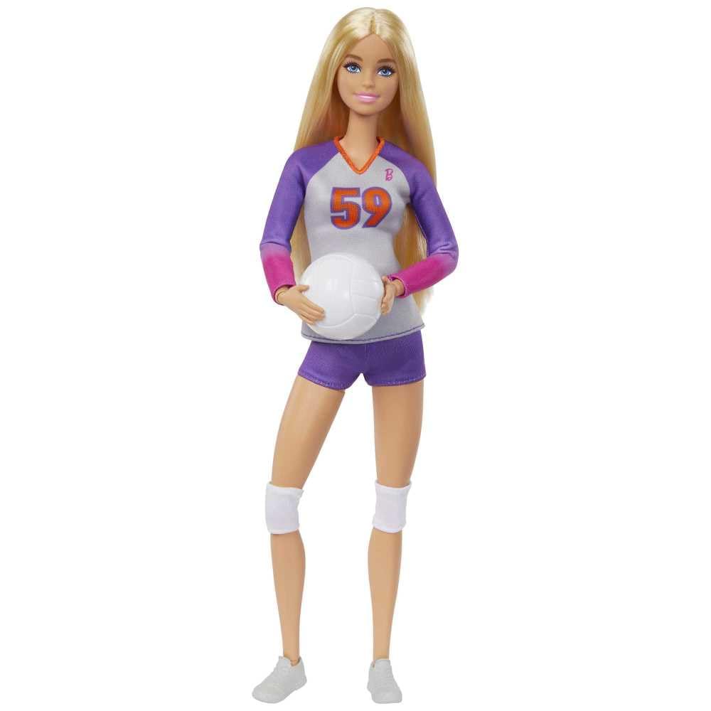 Barbie Made to Move volleyball player doll in uniform, holding a volleyball, showcasing flexible poseable body and accessories.