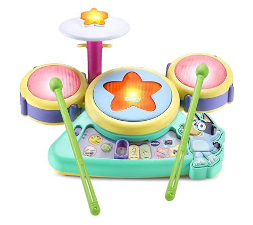 VTech Bluey Hurrah Drum Set with colorful drums and drumsticks, designed for children’s musical play and learning.