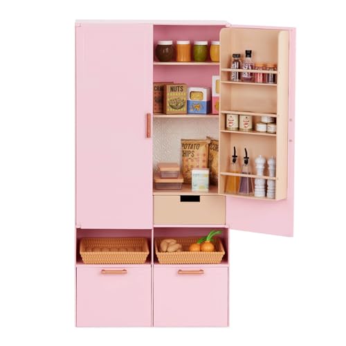Our Generation pink cupboard pantry set with food accessories for 18-inch dolls, perfect for pretend play.