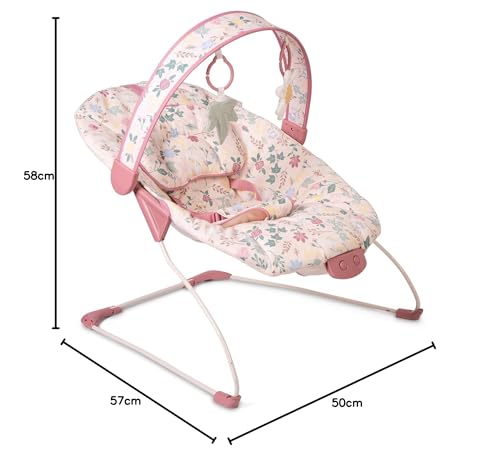 Red Kite Cozy Bounce Musical Baby Bouncer in rose and ivy colors with soft fabric and plush padding for comfortable baby seating.