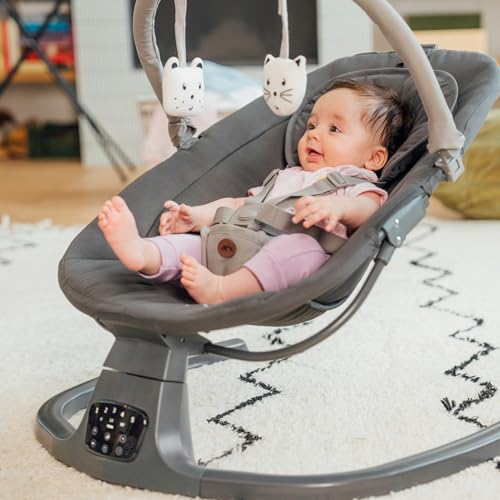 Bebeconfort Jolana, Electric Baby Swing, 0-6 Months (9 kg), Automatic Motion Detection, 12 Sooting Songs, 5 Nature Sounds, Adjustable Backrest, 2 Recline Positions, Tinted Graphite