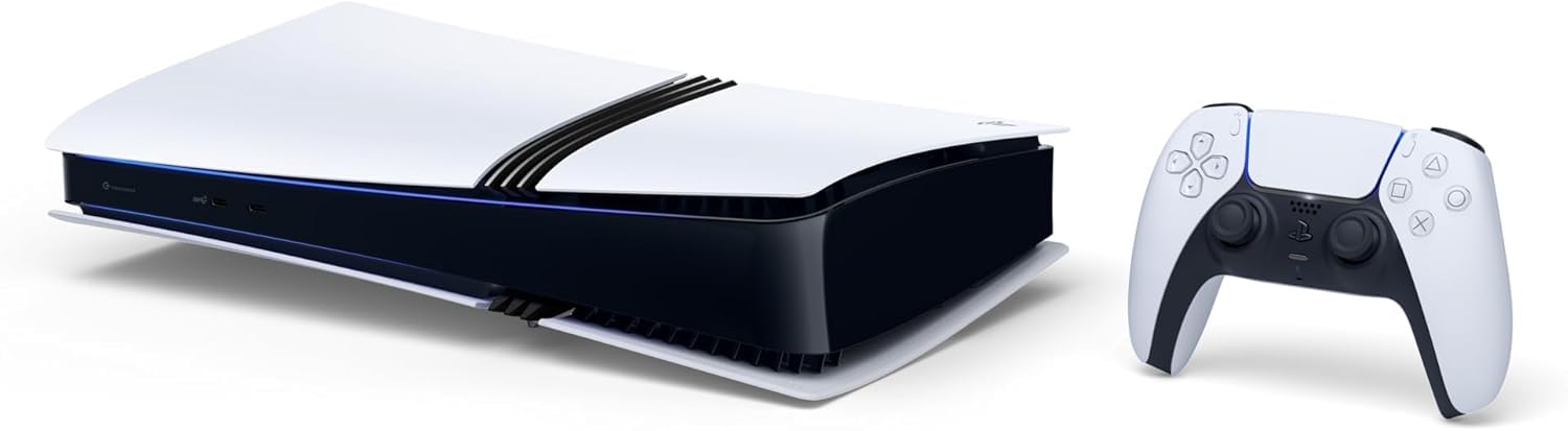 PlayStation 5 Pro gaming console with sleek black design, digital disc drive, and modern accents on a white background.