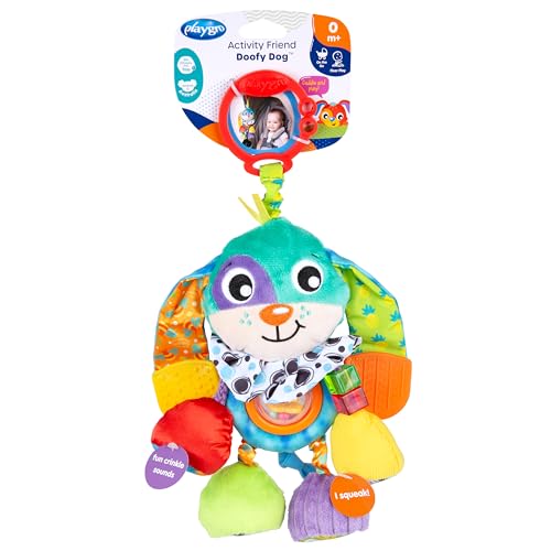 Playgro Activity Friend Doofy Dog, Vibrant Pram Rattle Toy with Easy Attach Clip for Prams, Car Seats & Capsules - Engaging Dog Baby Toy with Textured Bug Teether for Gums - from 0 Months