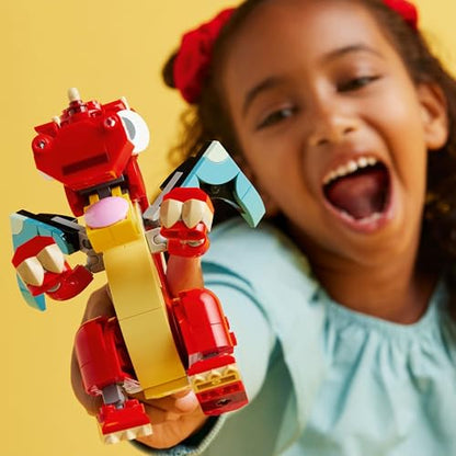 LEGO Creator 3in1 set featuring a red dragon, fish figure, and phoenix bird model for kids aged 6 and up.