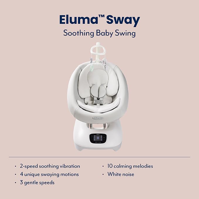 Graco Eluma Sway baby swing in Rori fashion with cry detection, 3 recline positions, gentle soothing for infants up to 6 months.