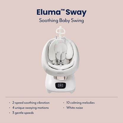 Graco Eluma Sway baby swing in Rori fashion with cry detection, 3 recline positions, gentle soothing for infants up to 6 months.