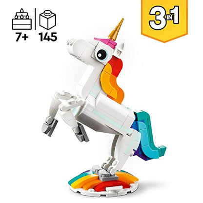 LEGO Creator 3in1 Magical Unicorn toy with seahorse and peacock transformations, colorful building set for kids 7+.