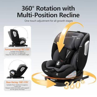 Vasacava Baby Car Seat 360° Rotating i-Size R129 ISOFIX with Support Leg Newborn to 12 Years Side Impact Protection Adjustable Headrest & Recline Group 0+1+2+3 Suitable from 40–150cm