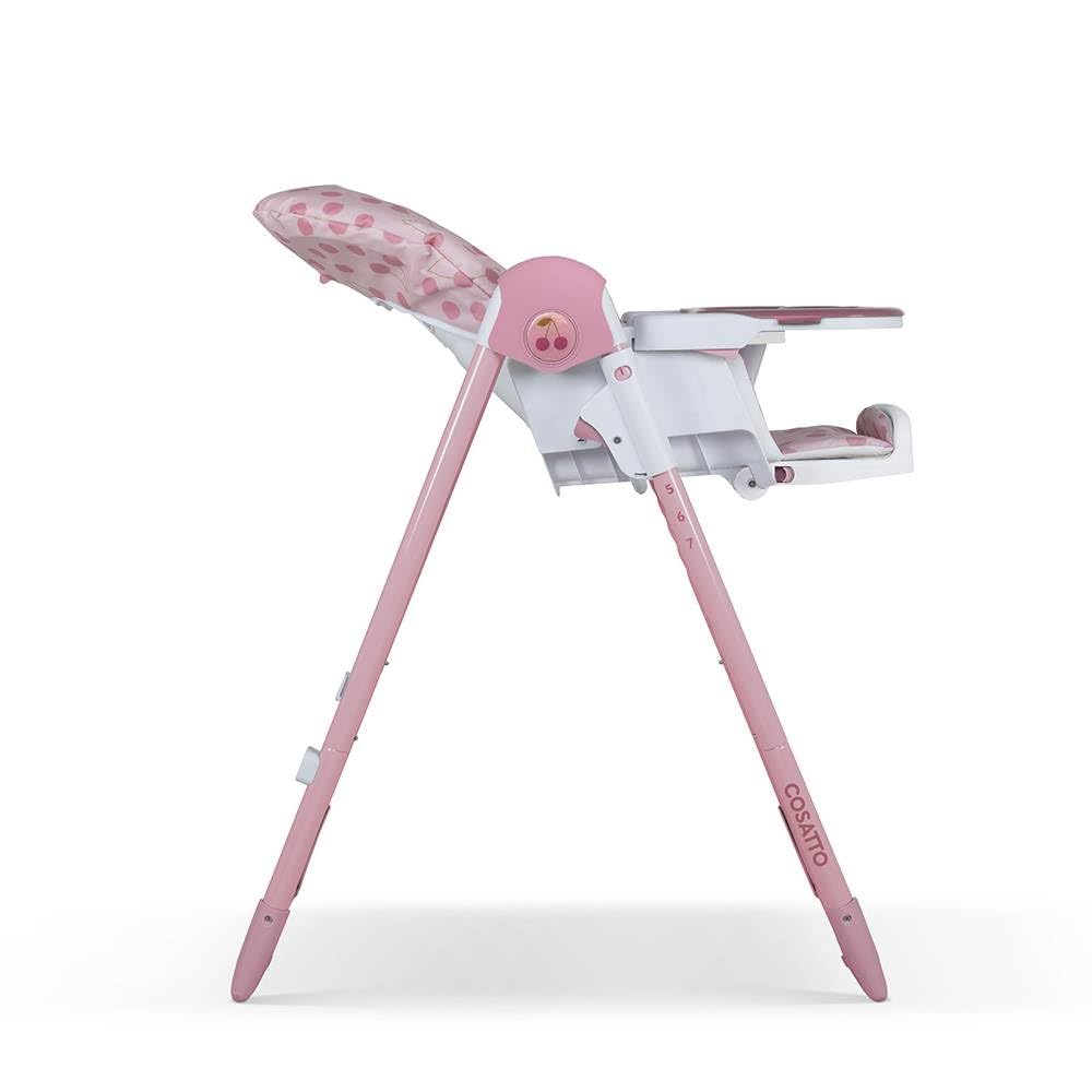 Cosatto Pip adjustable highchair with padded seat, footrest, tray, cup holder, lightweight, compact foldable design in Cherry Pie color.
