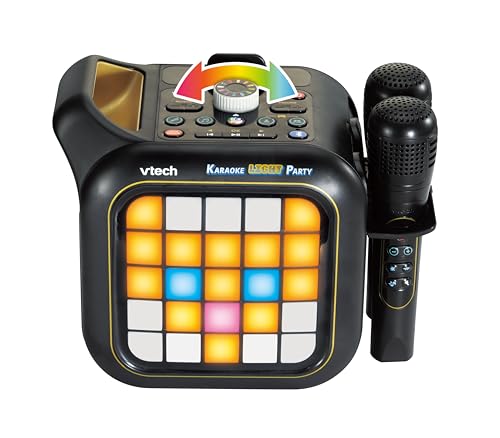 VTech Karaoke Light Party machine with two wireless microphones, Bluetooth speaker, light show, and game controls for teens.