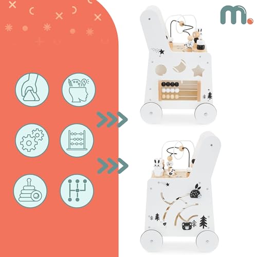 Mamabrum wooden baby walker with wheels, featuring shape sorter, bead mazes, gears, abacus, stacking blocks, for children 12+ months.