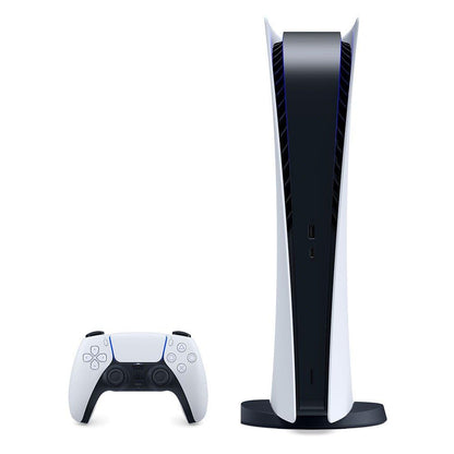 Sony PlayStation 5 Digital Edition console with sleek black design and disc-free gaming setup.