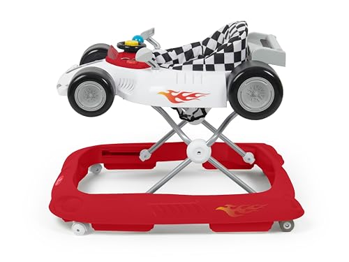 Babylo Racer Baby Walker with adjustable height, white and red frame, featuring a sturdy base and colorful activity tray.