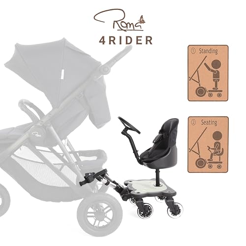 Roma 4 Rider Toddler Seat & Steering Wheel Ride On Board – Universal Buggy/Kiddy Board with LED Wheels, Patterned Seat, Fits 99% Prams, for Kids 1–6 Years (25kg), 4-Wheel Design