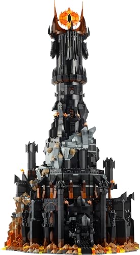 LEGO Icons Barad-dûr model set with Sauron, Gothmog, Orc, Frodo, Sam, and Gollum minifigures for adults.