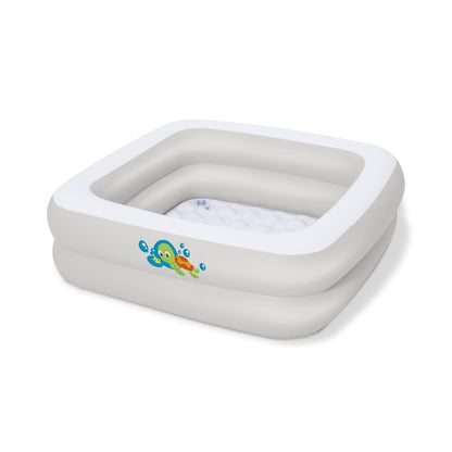 Bestway inflatable baby bath tub in white, featuring a soft floor, ideal for home and travel use.