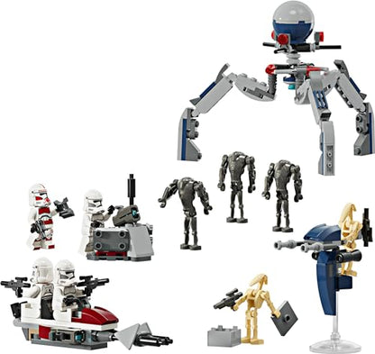 LEGO Star Wars Clone Trooper and Battle Droid battle pack with minifigures, droids, and a speeder bike with shooters.