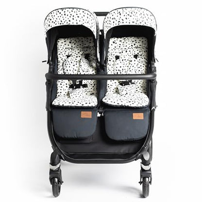 Roma Gemini 2 Twin Double Complete Stroller - Including 2 x Hoods, Harness Pads, Padded Liners and Rain Cover. Compact Fold, 69 cm Wide, Supports Up to 22 kg Per Seat | Side by Side Pram - Dalmatian