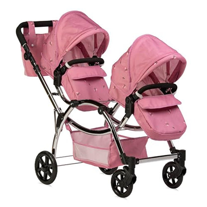 Roma Darcie Twin Dolls Pram in Pink with Adjustable Handle,Dolls Pushchair, Lightweight Dolls Double Buggy, Twin Pram for 3-16 Years, Fits 18 Inch Dolls, Ideal For Christmas, Birthdays and Reborns