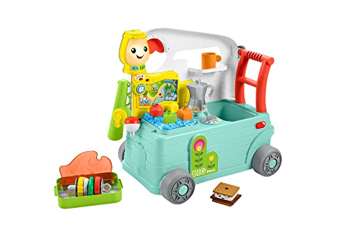 Fisher-Price Laugh & Learn 3-in-1 On-The-Go Camper for infants, featuring colorful activity center and musical push-along walker