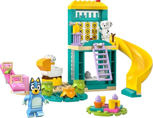 LEGO Bluey Playground Fun set featuring Bluey and Chloe minifigures, slide, see-saw, climbing frame, and plants.