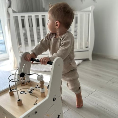 Mamabrum wooden baby walker with wheels, featuring shape sorter, bead mazes, gears, stacking blocks, and activity center for 12+ months.