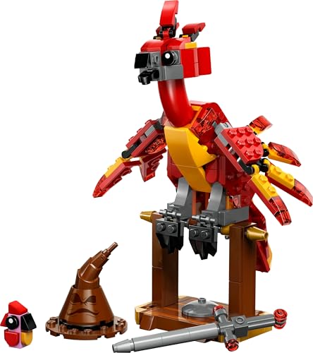 LEGO Harry Potter Fawkes figure with Sorting Hat and Sword of Gryffindor, showcasing the vibrant phoenix design.