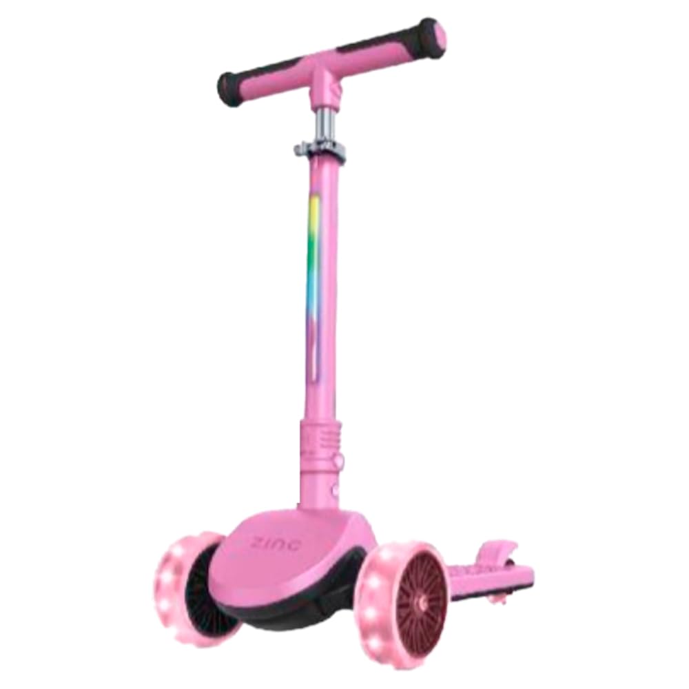 Zinc 3 Wheel Folding Led Shine Scooter for Kids, Light Up Stem with 20 Light Functions, Folding, Non-Slip Grips, Adjustable Handlebar, Pink