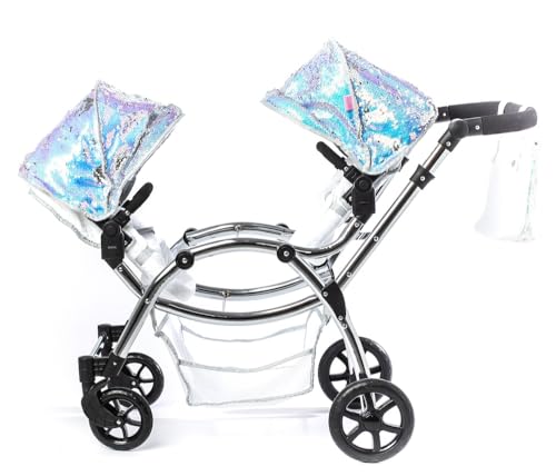Roma Polly Dolls Pram 2-in-1 Dolls Pushchair, Double Buggy with Convertible Seat, Adjustable Handle, Foldable Canopy, Mermaid Print, Suitable for Ages 3-16, Perfect or Christmas